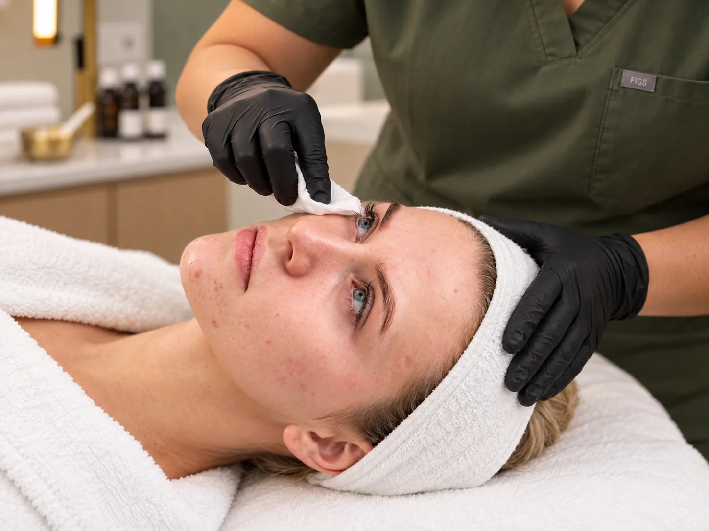 Gentle extractions during a customised facial.