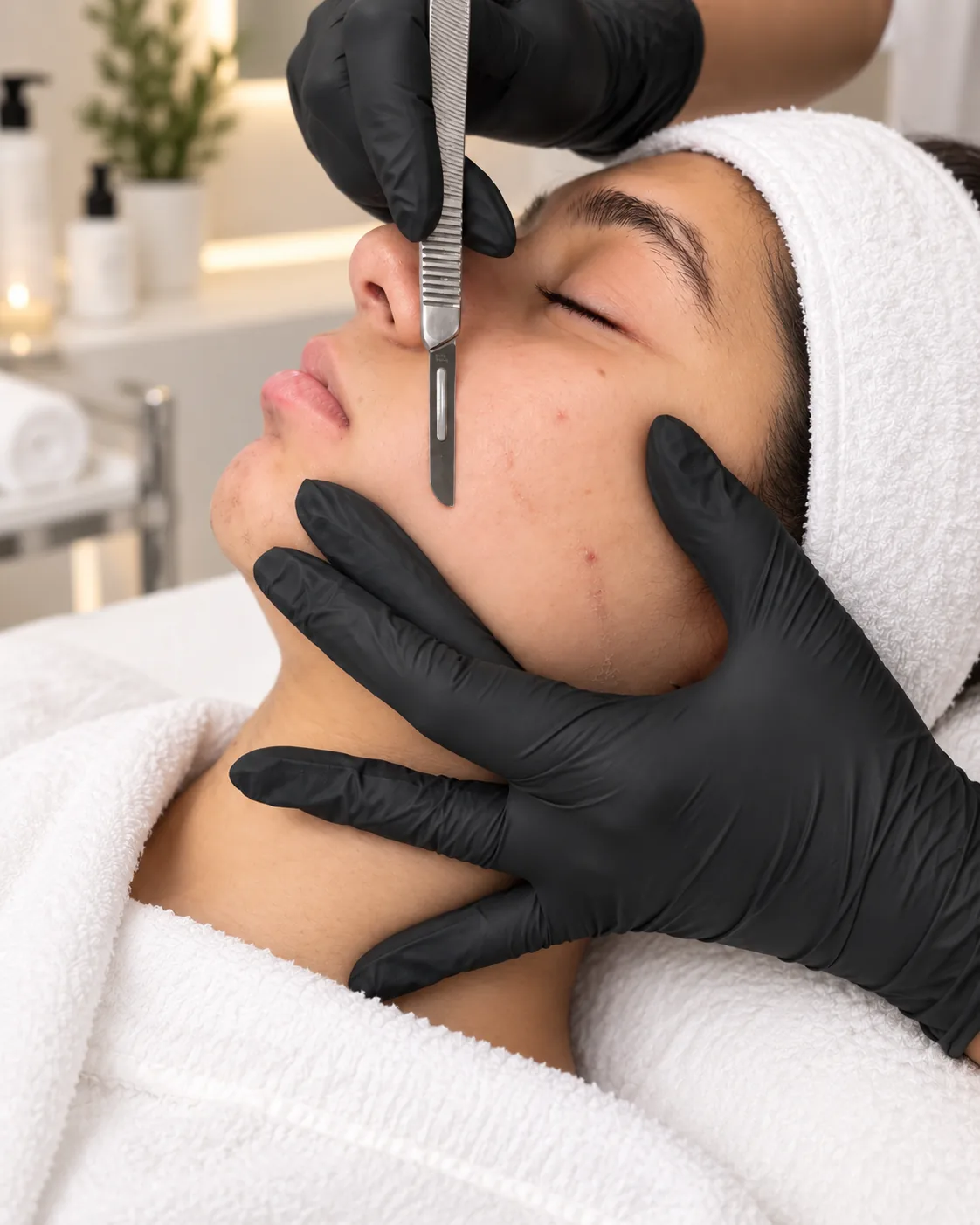 A dermaplaning blade drawn across a client's cheek during treatment at the Skinholic clinic in Surrey.