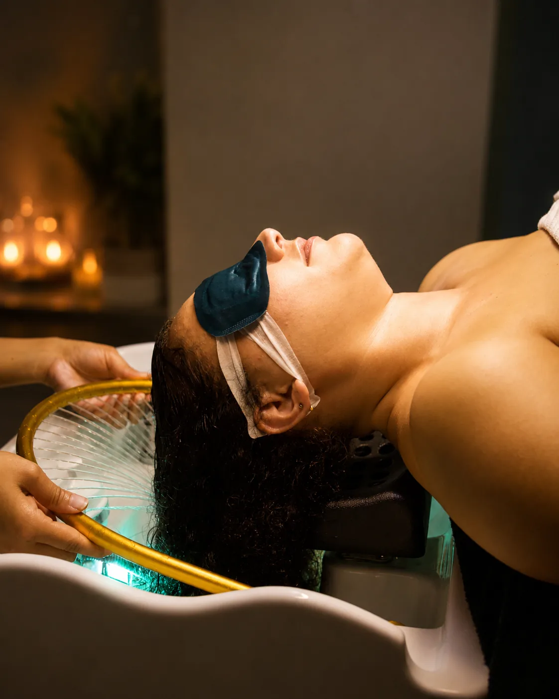 A practitioner treating the scalp during a hair wellness session.