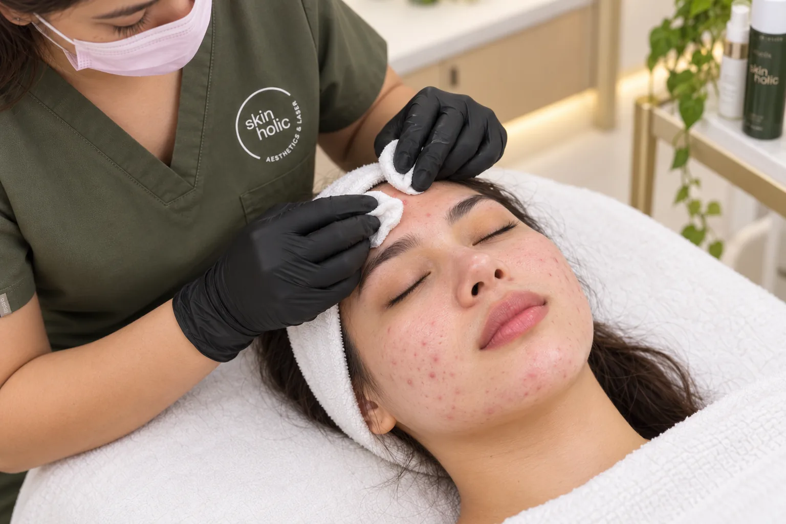 Masked practitioner wipes a woman's forehead with cotton pads during an acne facial; blemishes show on her cheeks