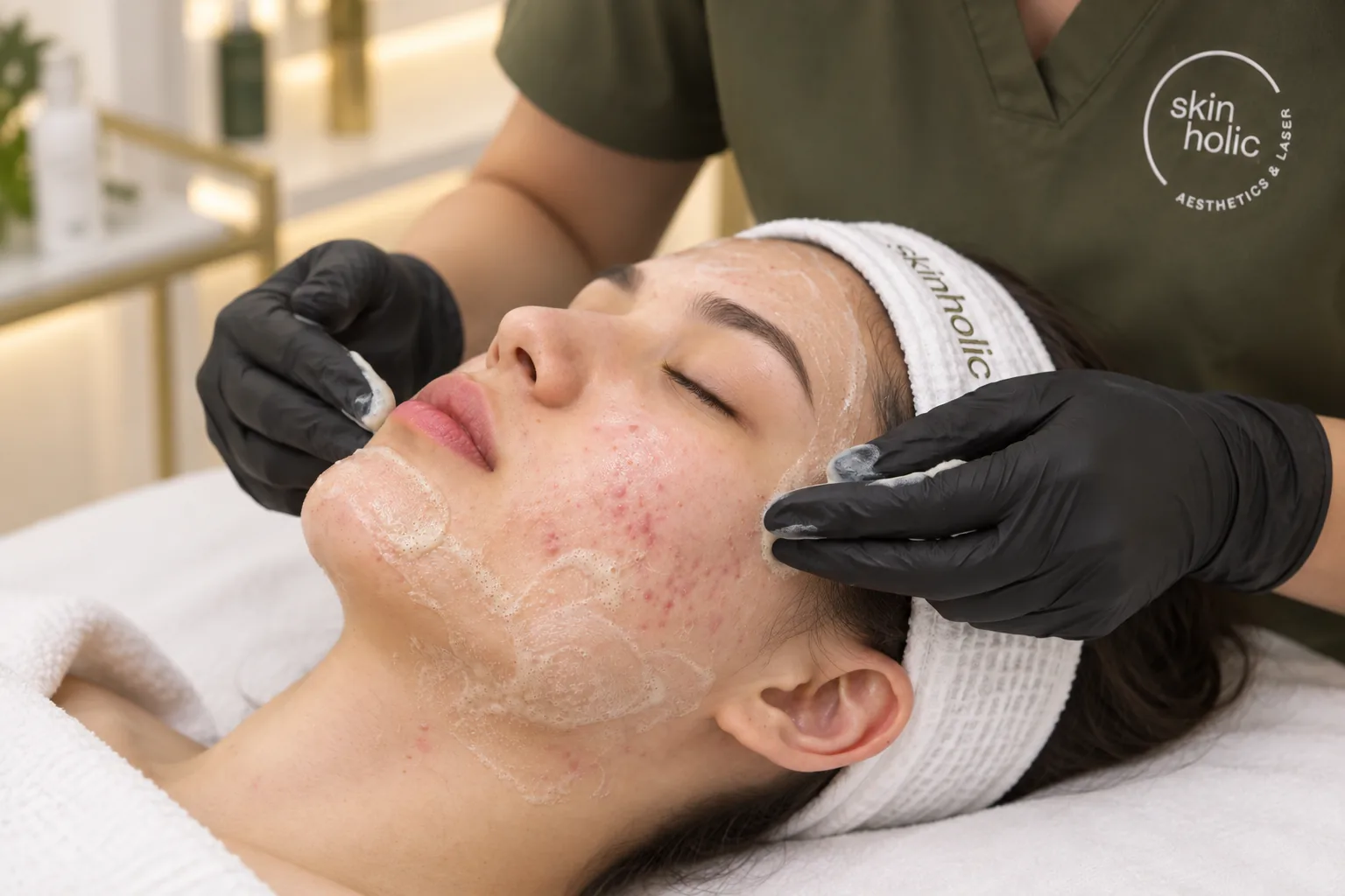 Gloved practitioner works clear gel across a blemished cheek with small sponges during an acne facial
