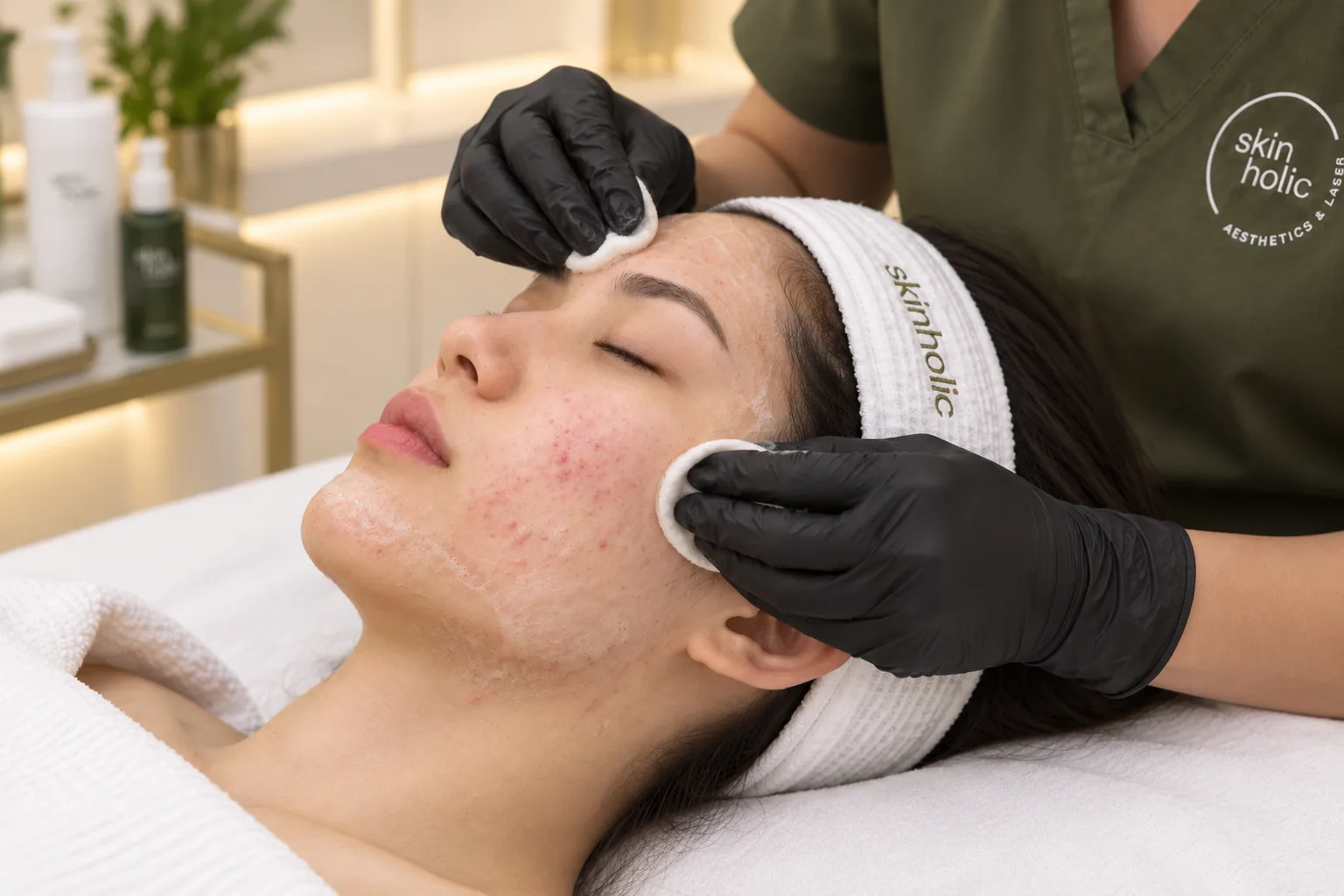Gloved practitioner holds cotton pads to a woman's forehead and temple during an acne facial