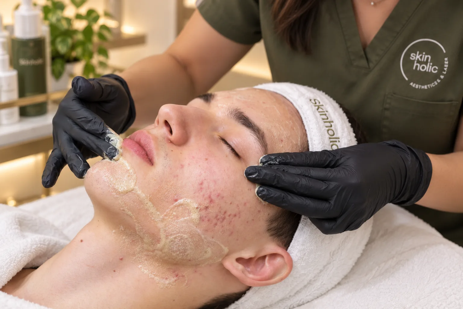 Gloved practitioner smooths a golden gel over a young man's cheek and jaw during an anti-aging facial