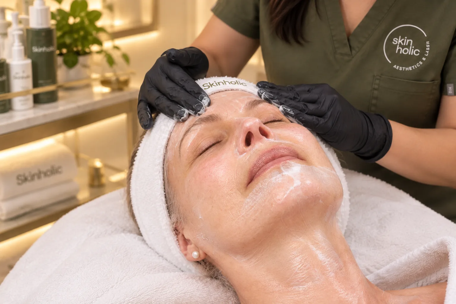 Gloved practitioner presses cream into a mature woman's forehead during an anti-aging facial