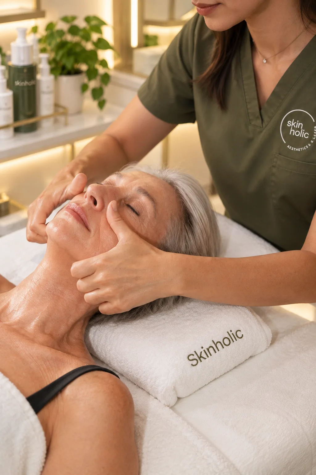 Practitioner massages the cheeks of a silver-haired woman lying on a treatment bed during an anti-aging facial