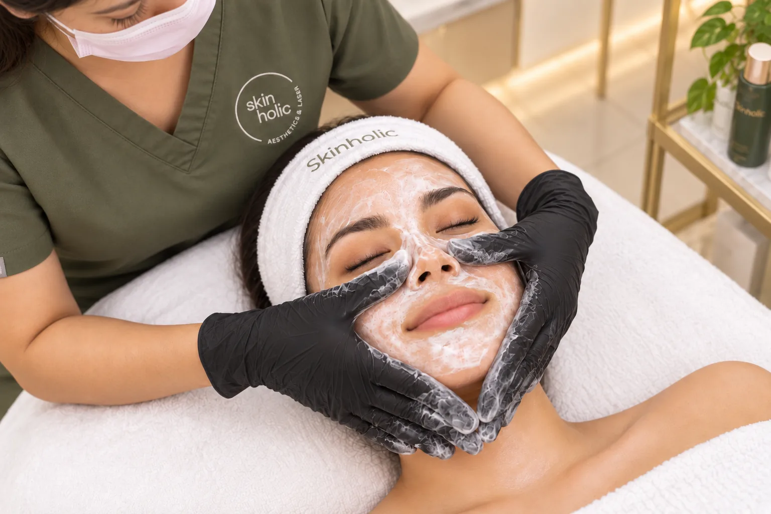 Gloved practitioner massages a foaming cleanser over a woman's cheeks during a brightening facial