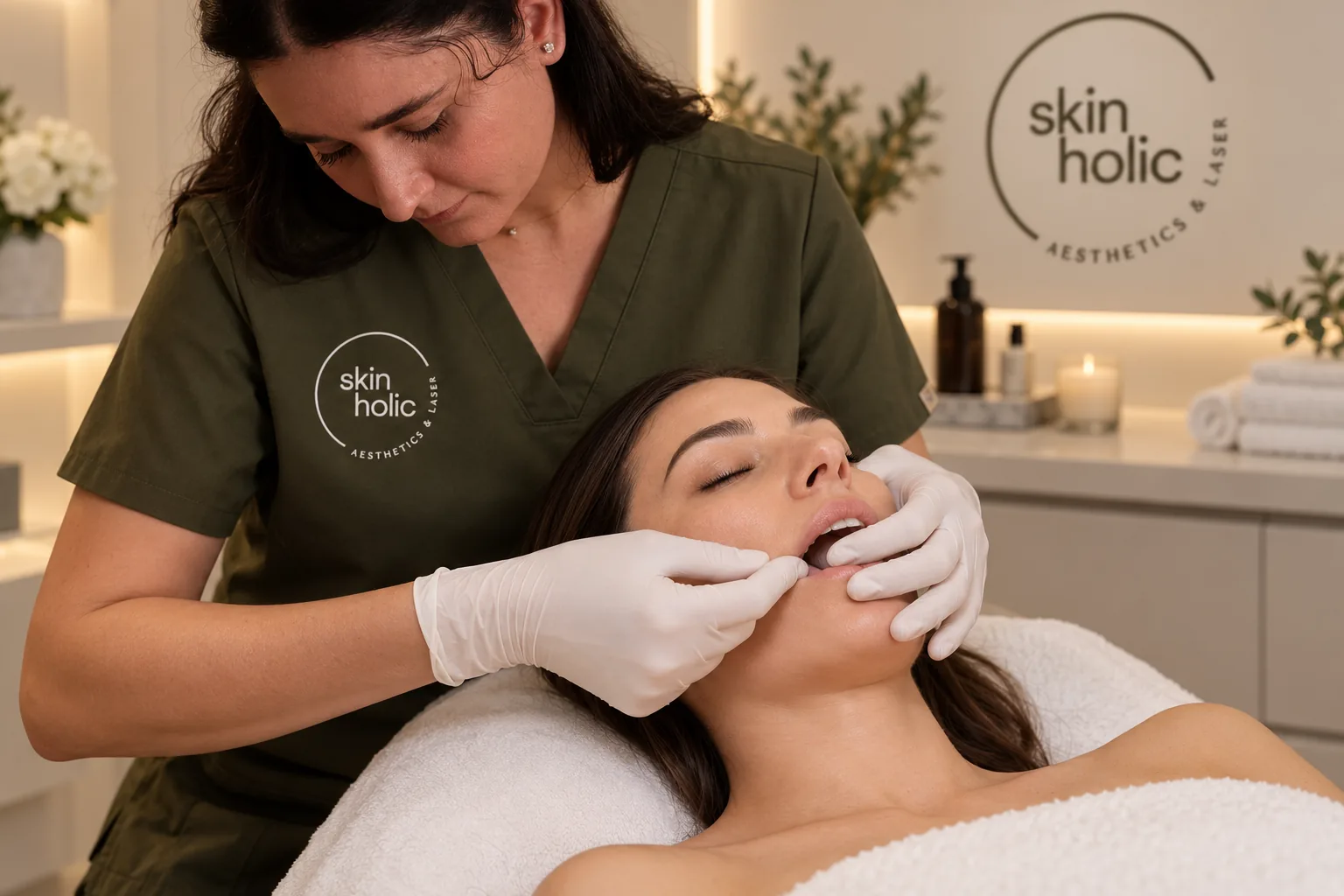 Gloved practitioner works at the corner of a reclining woman's mouth and jaw during a buccal therapy massage