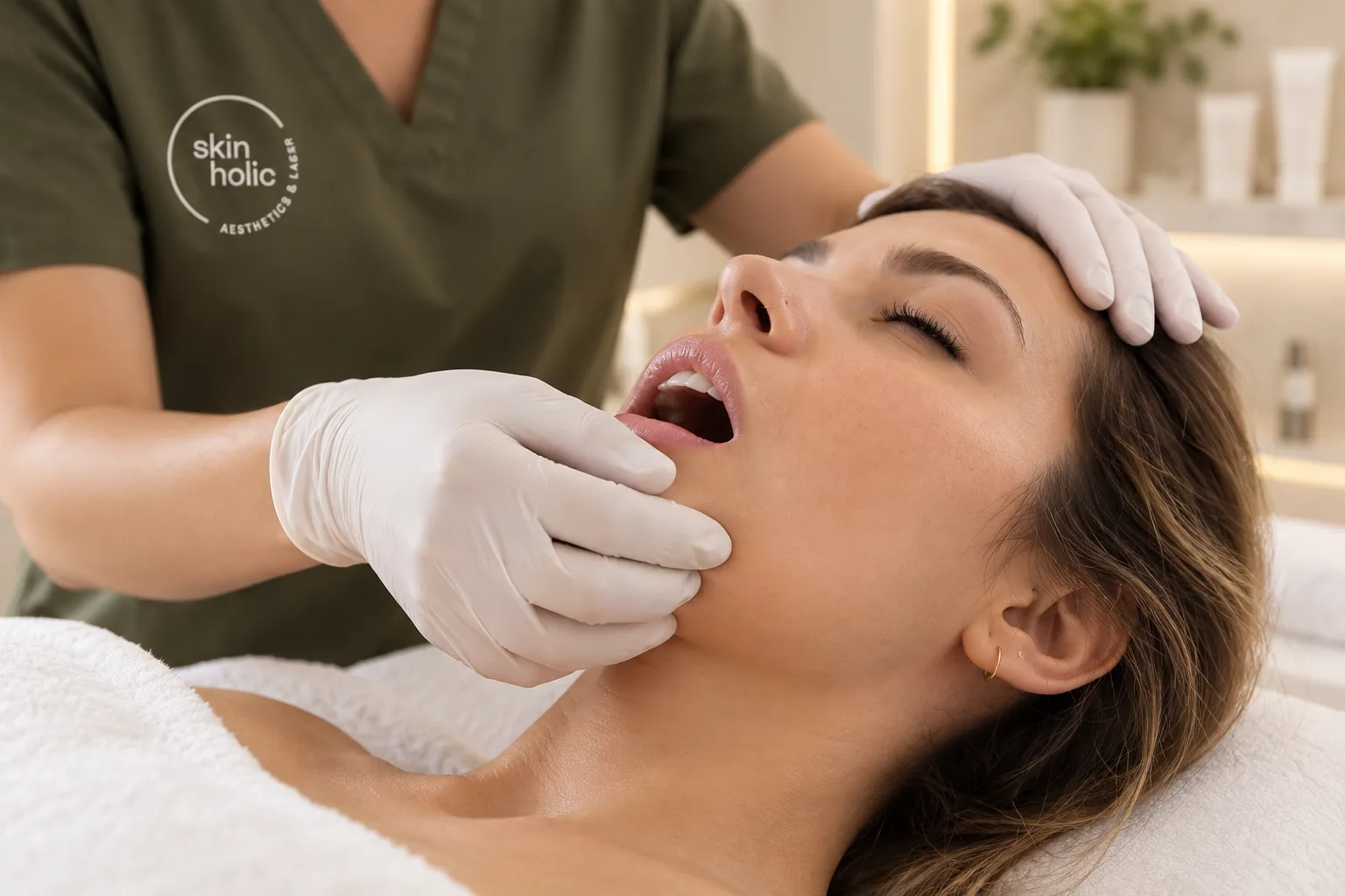 Practitioner's gloved hands cradle a woman's chin and forehead as she reclines with eyes closed during buccal therapy