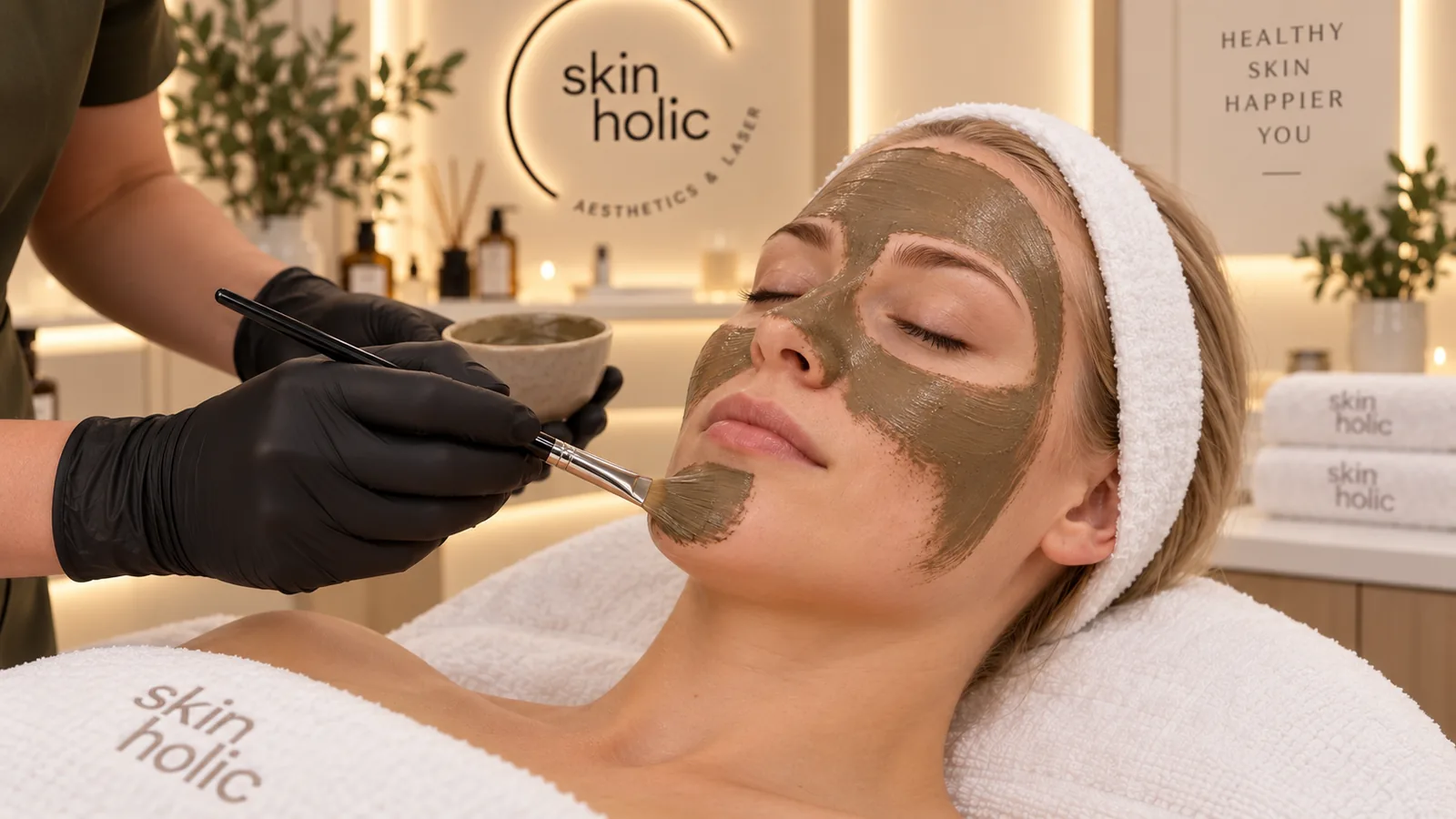 Gloved practitioner brushes an olive-toned mask from a bowl across a reclining woman's face during a Cosmelan peel