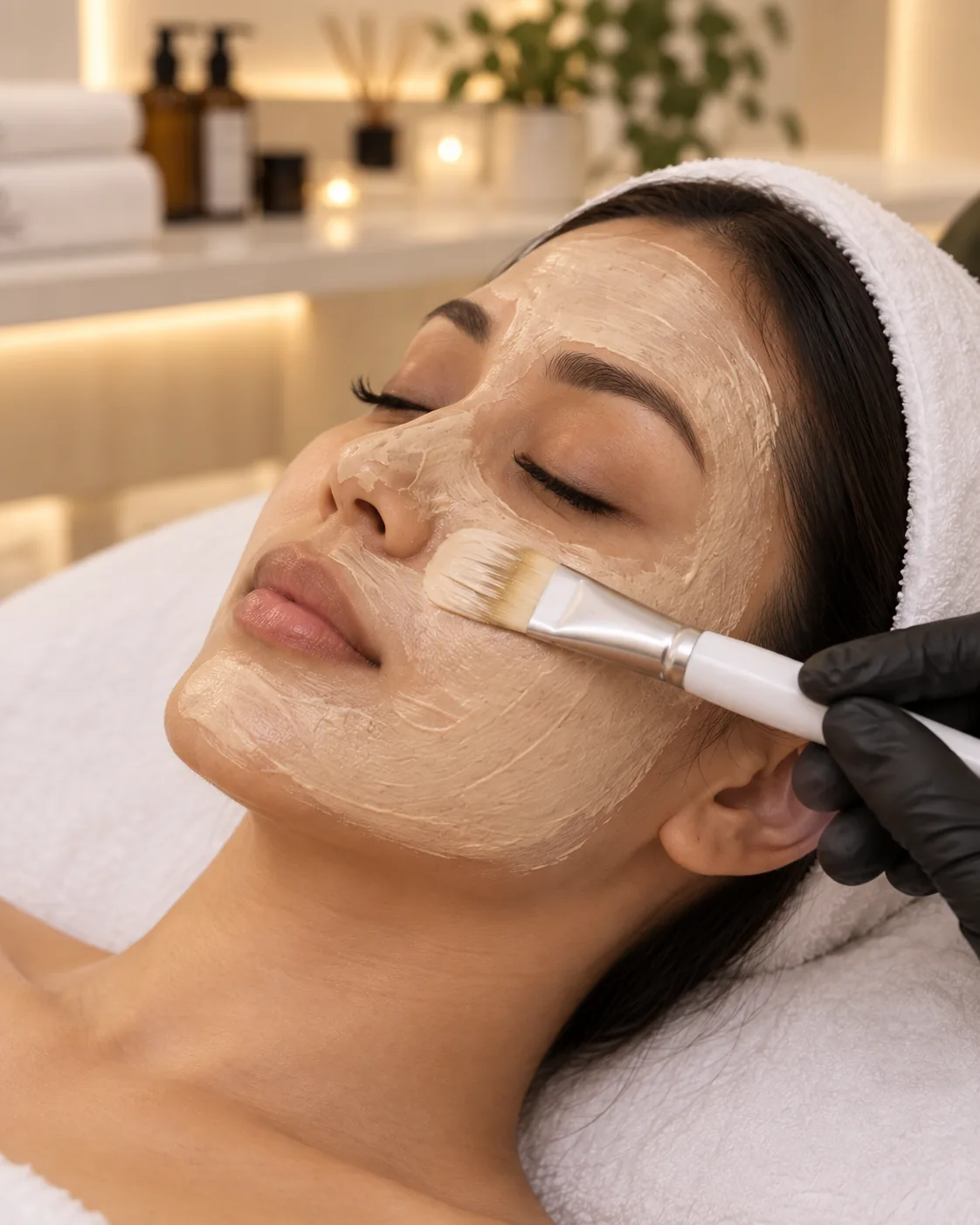 Close-up of a gloved hand brushing a beige Cosmelan mask across a relaxed woman's cheek in a softly lit treatment room