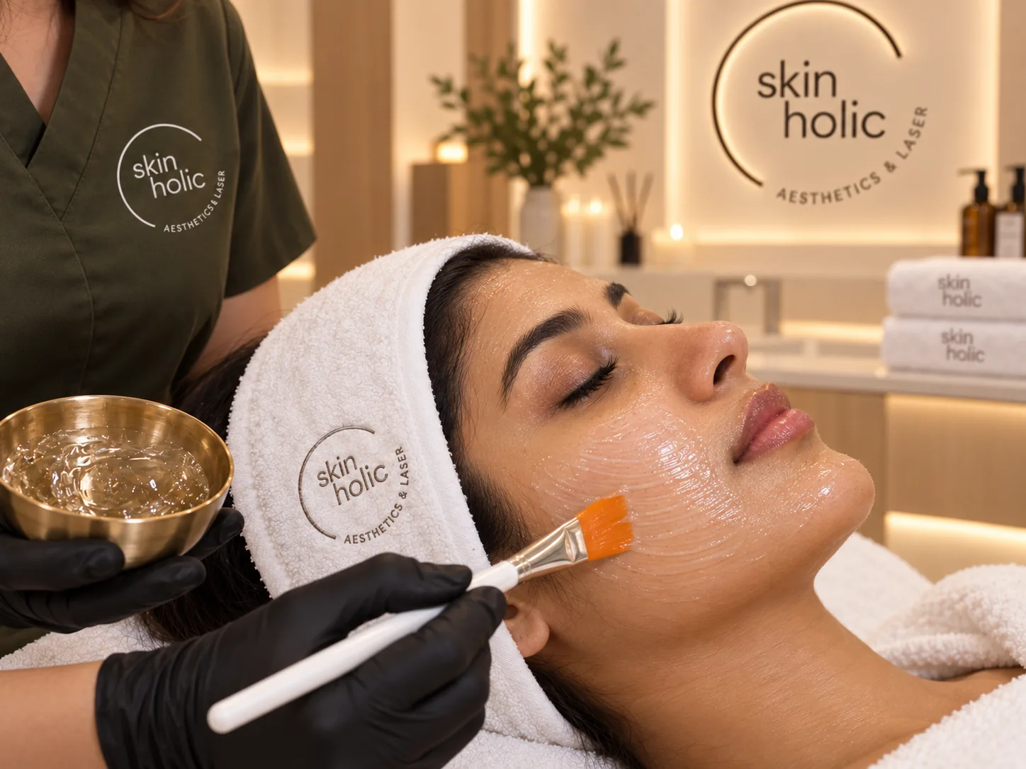 Practitioner brushes a clear gel from a gold bowl onto a reclining woman's cheek during a Dermamelan peel session