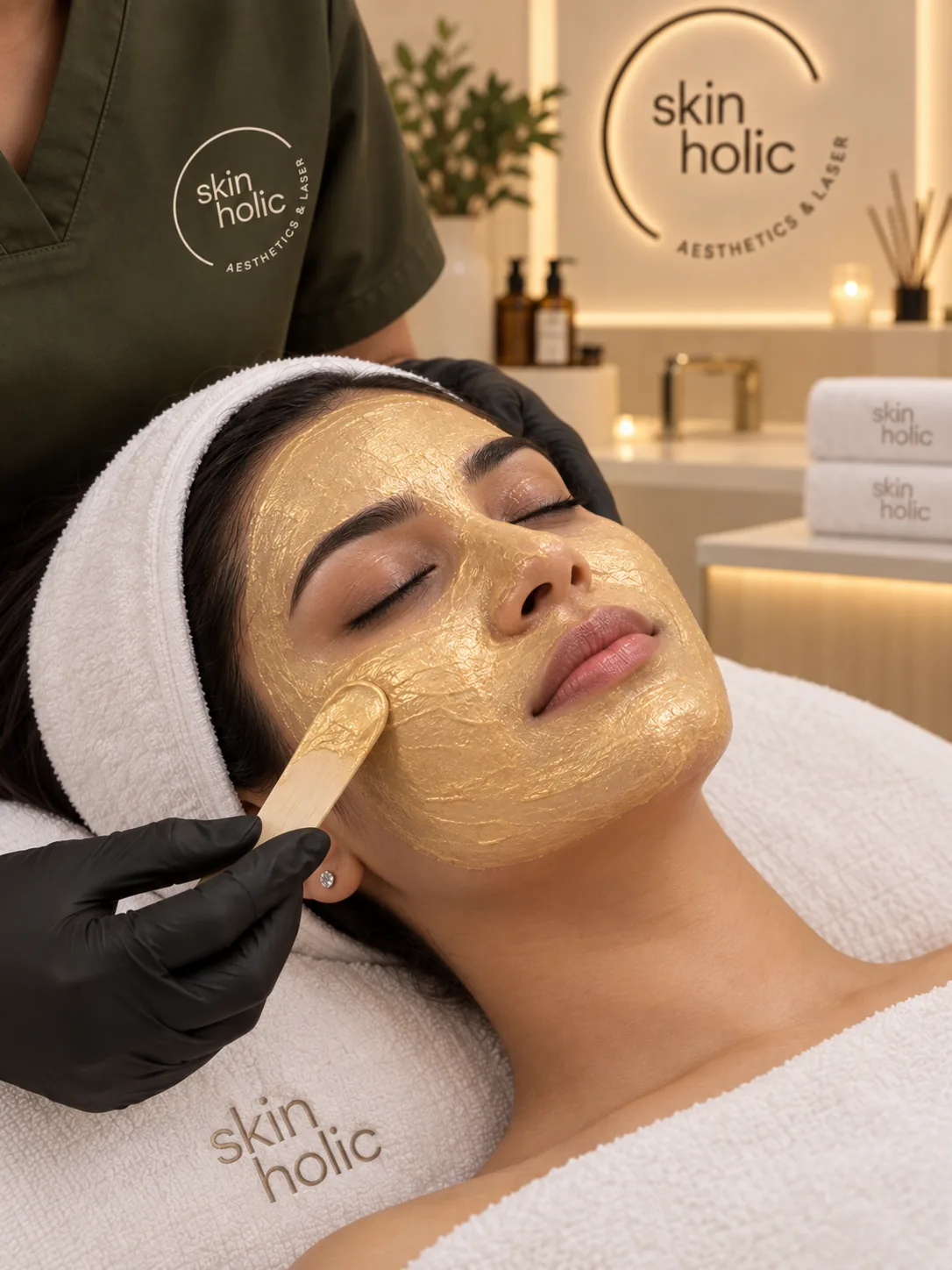Golden Dermamelan mask covers a reclining woman's whole face as a gloved practitioner smooths it with a wooden spatula