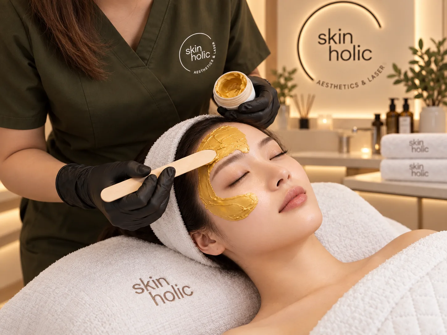 Practitioner spreads a golden Dermamelan mask from a jar onto a woman's forehead and cheek with a wooden spatula