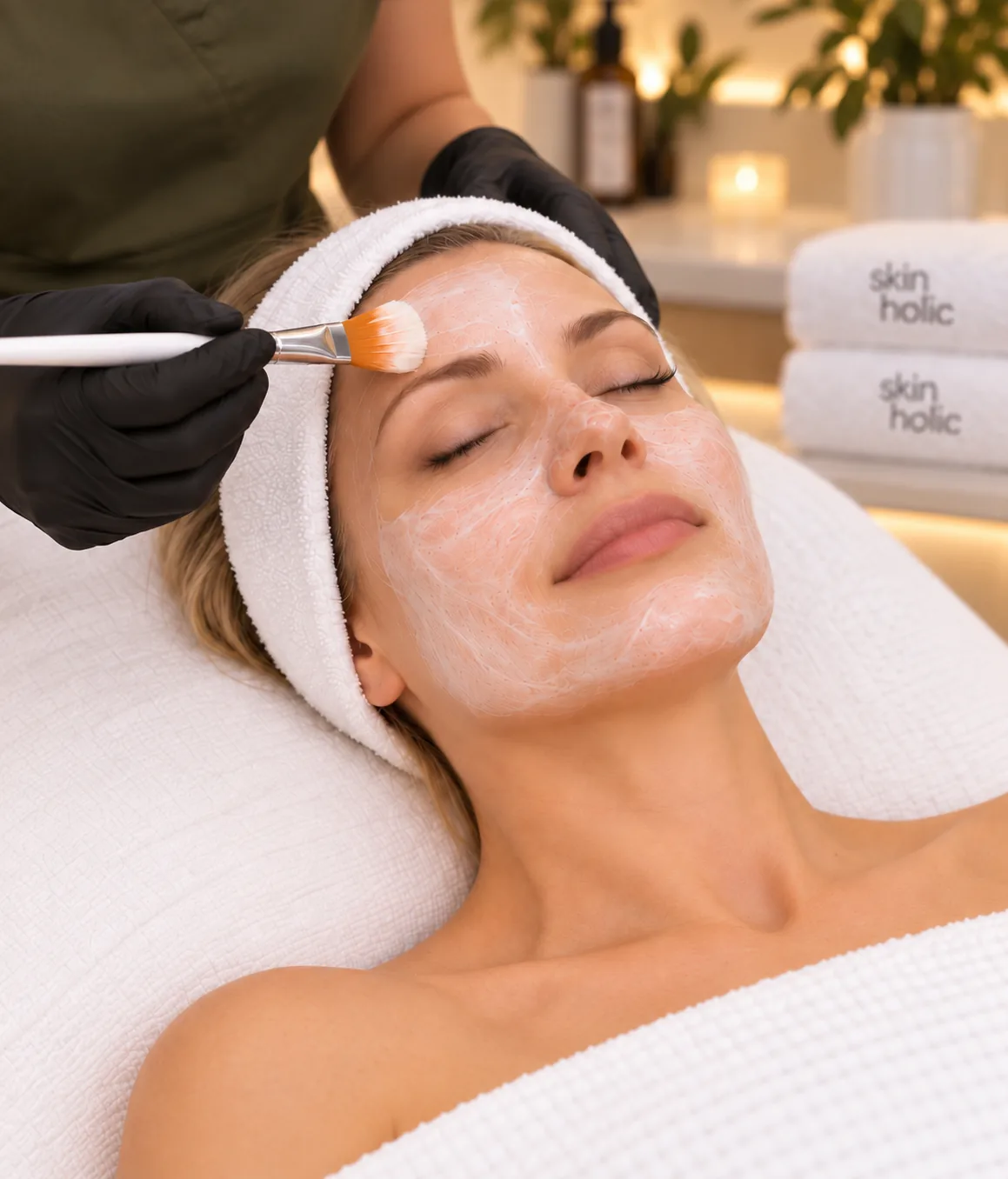 Gloved practitioner brushes a thin white cream across a relaxed woman's forehead and cheeks during Dermamelan care