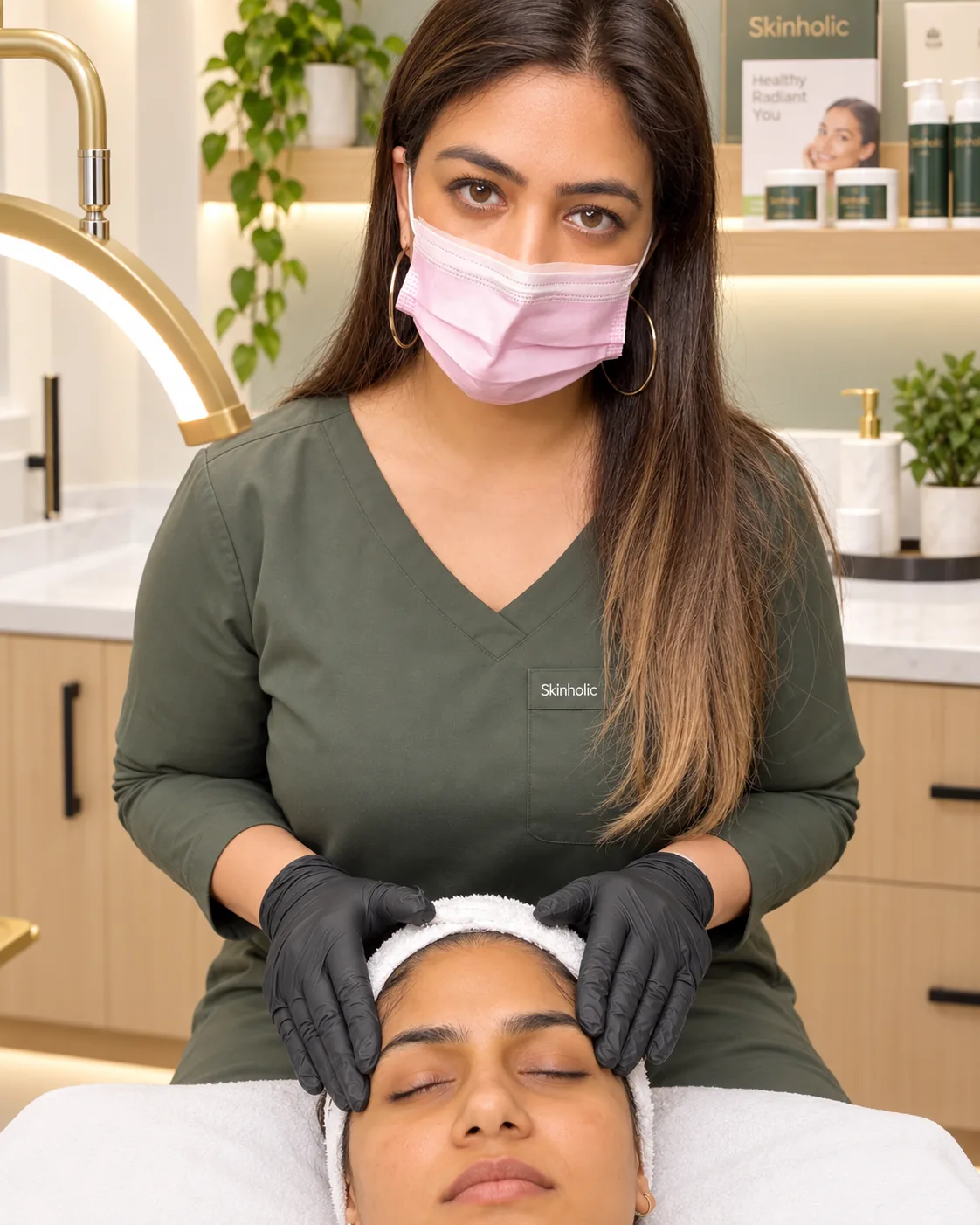 Masked practitioner in olive scrubs rests gloved hands on a woman's temples to prepare her skin for dermaplaning
