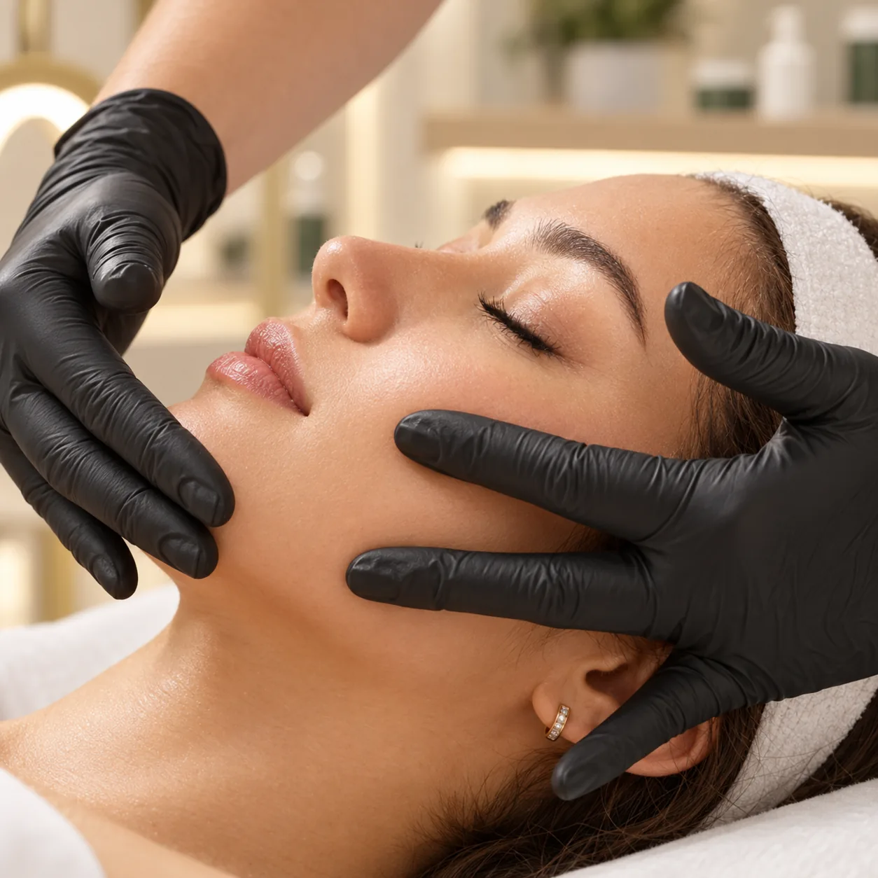 Black-gloved hands cradle a relaxed woman's cheeks and jaw during a Hadado and Kobido facial sculpting massage
