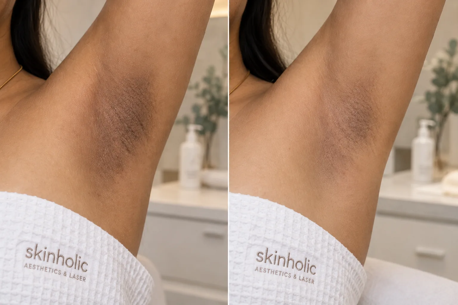 Side-by-side close-ups of a raised underarm, darker on the left and lighter on the right, illustrating intimate brightening
