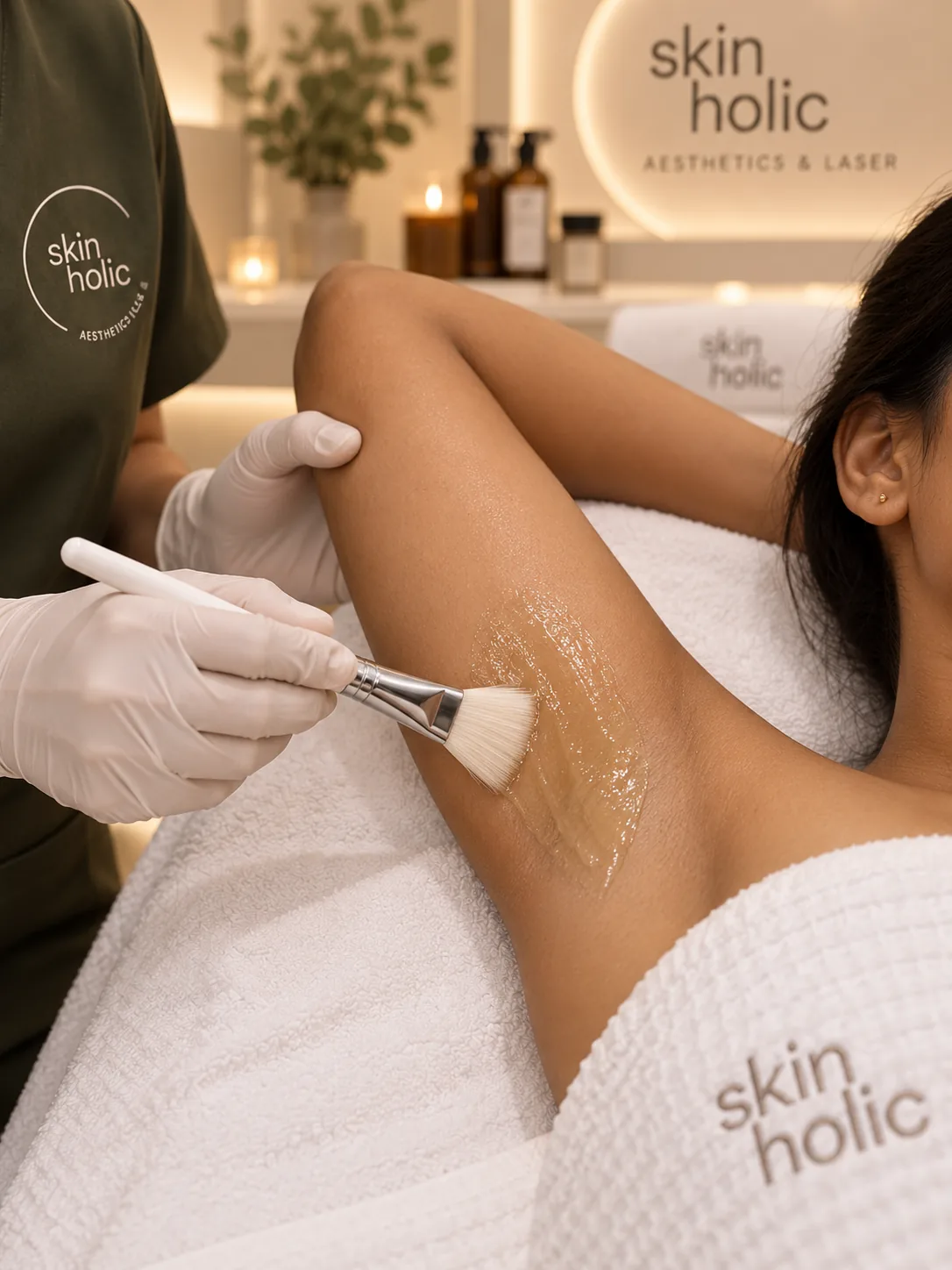Gloved practitioner brushes clear gel onto a woman's raised underarm on a towel-draped bed during intimate brightening