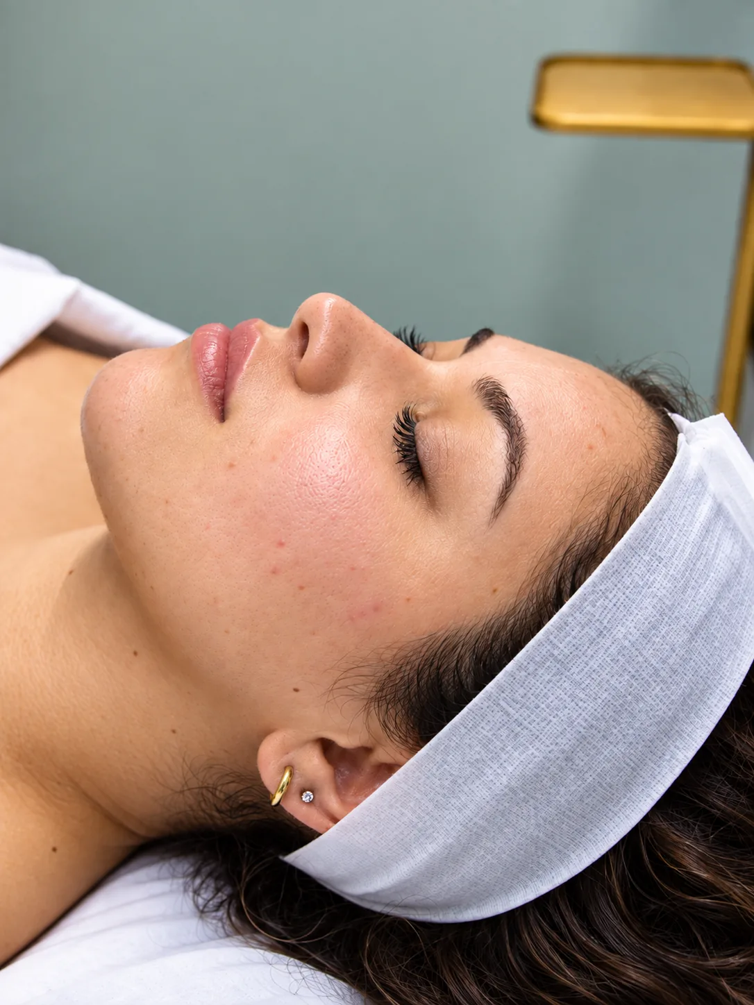 Profile of a woman in a white headband showing small red marks and uneven texture on her cheek before microneedling
