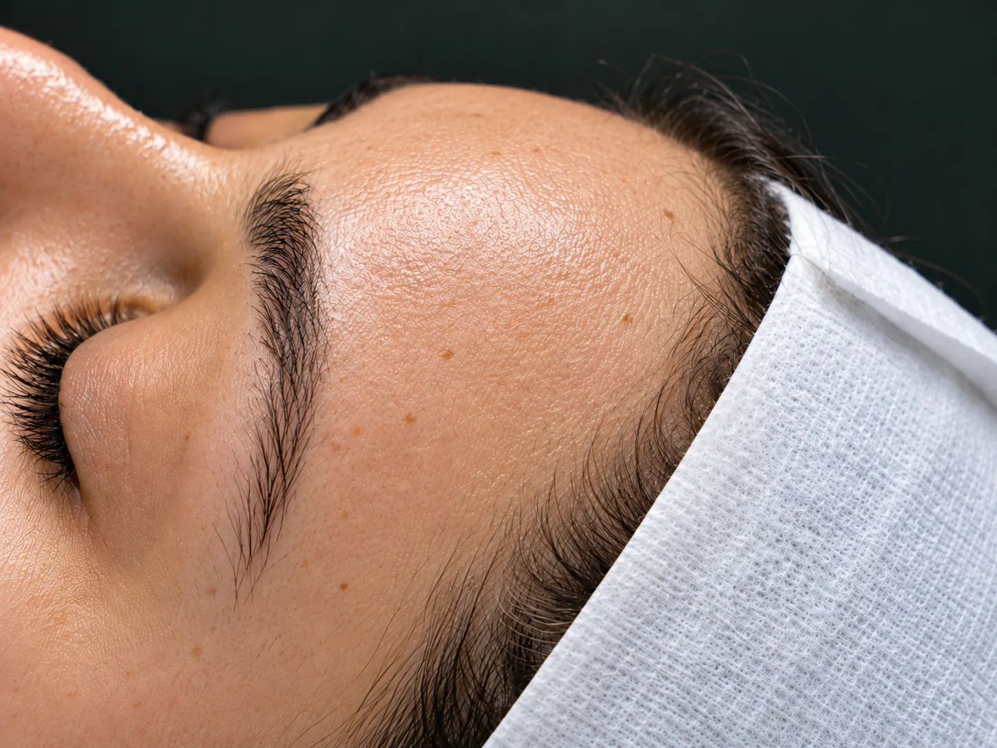 Close-up of a woman's brow and forehead showing visible pores and texture, hair held back by a white headband