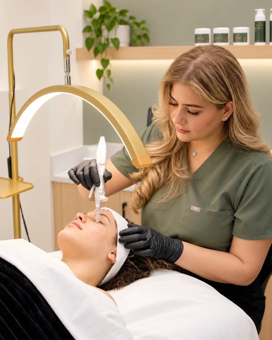 Practitioner in sage scrubs positions a microneedling pen over a woman's forehead under a gold arc lamp