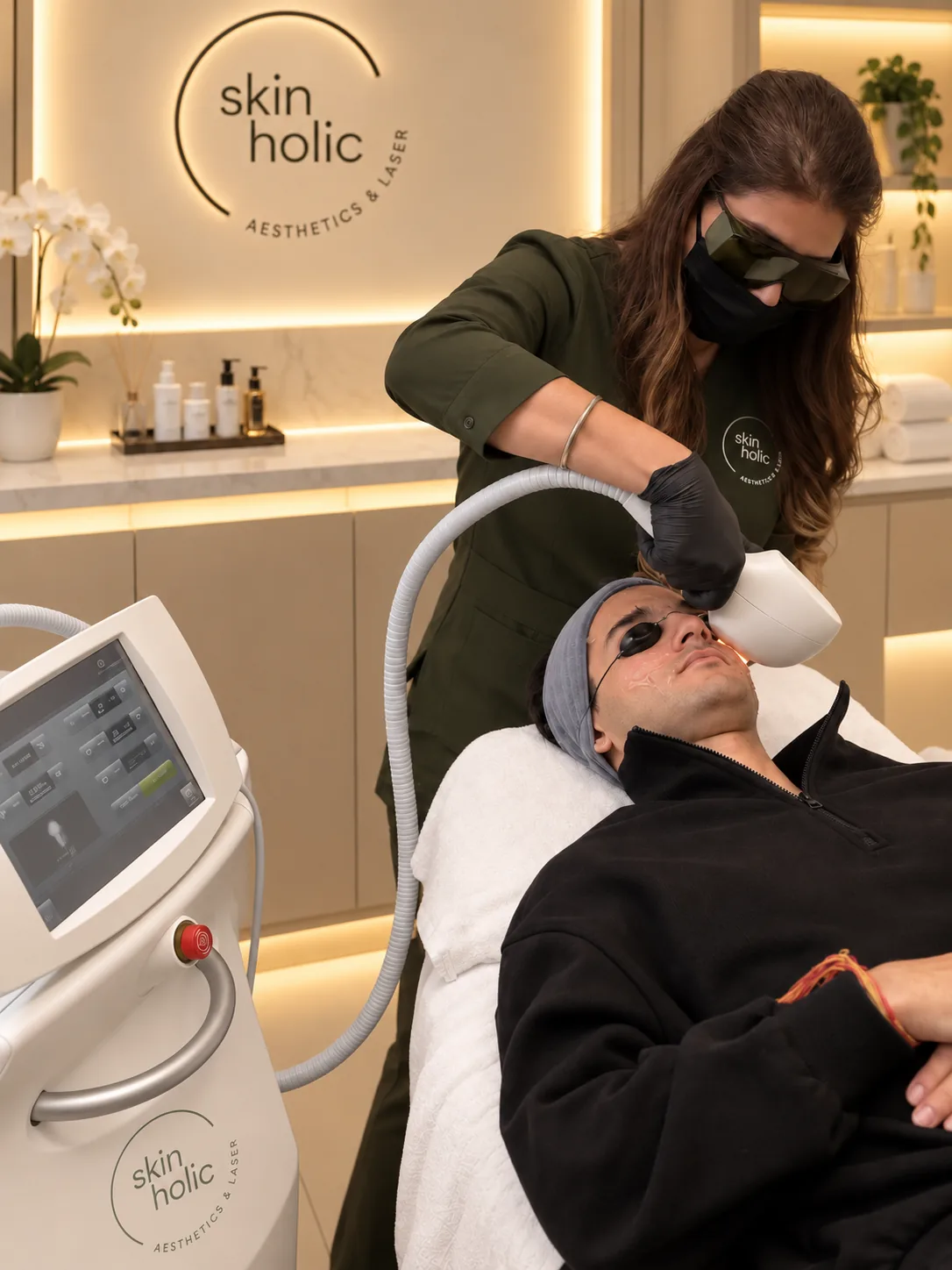 Practitioner in protective eyewear holds a laser handpiece to a man's cheek as he reclines in eye shields for pico laser