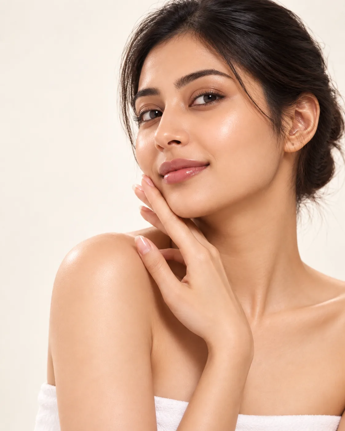 Smiling woman touches her cheek with her fingertips, bare shoulders above a white towel, in a skin lightening portrait