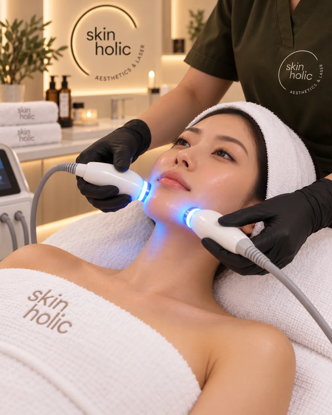 Gloved practitioner holds two blue-lit handheld devices to a reclining woman's cheek and jawline during skin lightening