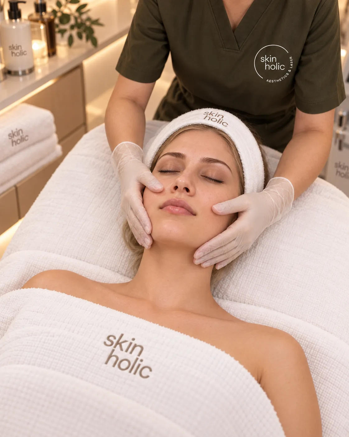 Gloved practitioner gently cradles a relaxed woman's jaw and cheeks as she lies on a towel-draped bed for skin lightening