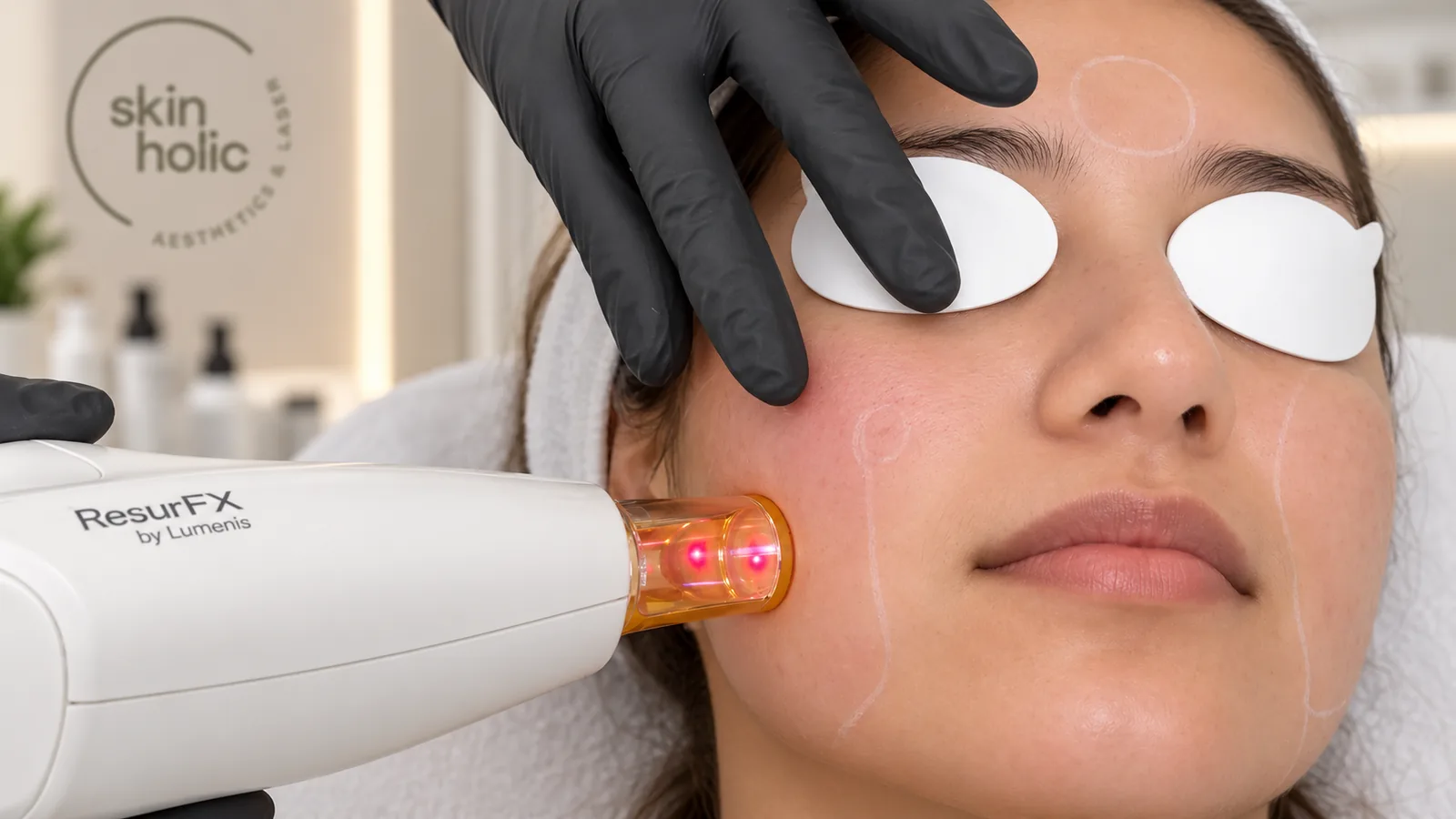 Laser handpiece with red aiming lights rests on a woman's cheek as she wears white eye shields during skin resurfacing