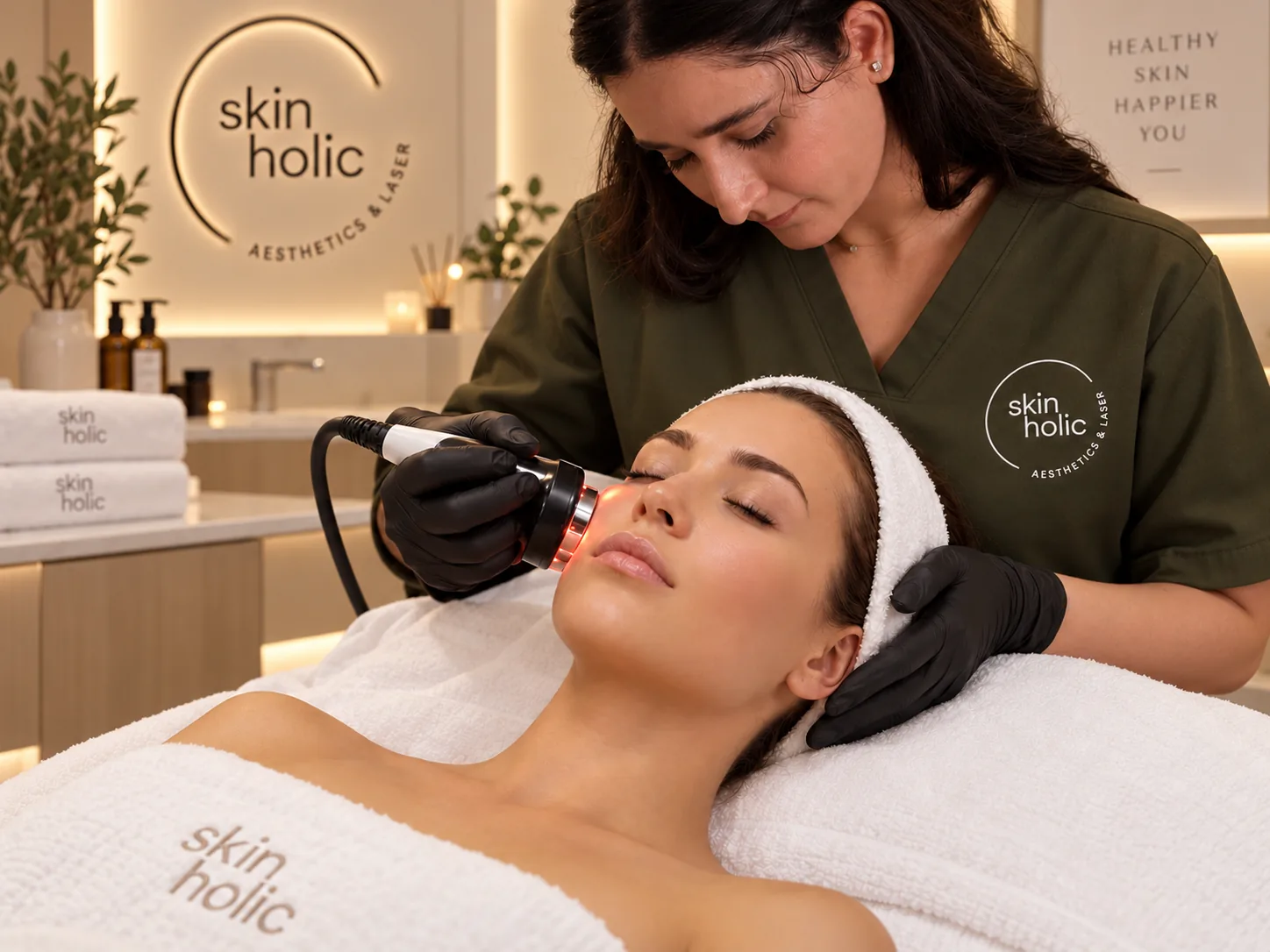 Practitioner in olive scrubs holds a corded handpiece to a reclining woman's cheekbone below the eye during skin resurfacing