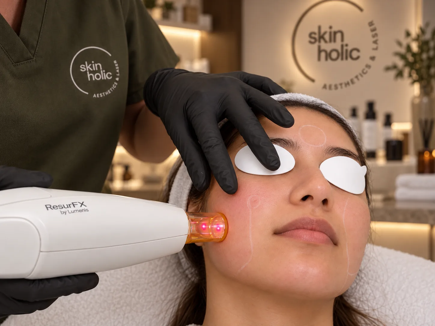Practitioner holds a laser handpiece to the cheek of a woman wearing white eye shields during a skin resurfacing session