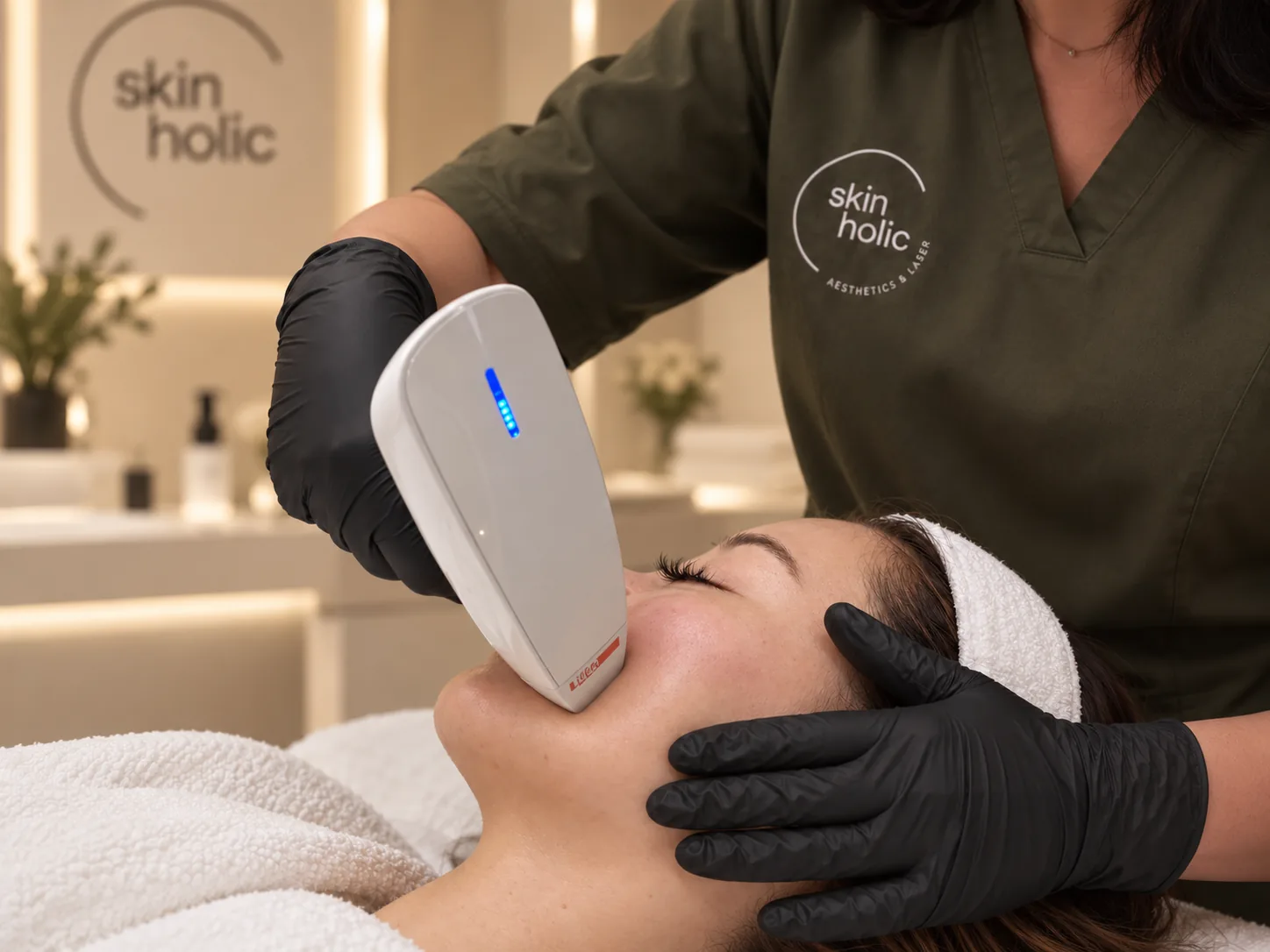 Practitioner holds a white handheld device with a blue light to a reclining woman's lower cheek during skin resurfacing