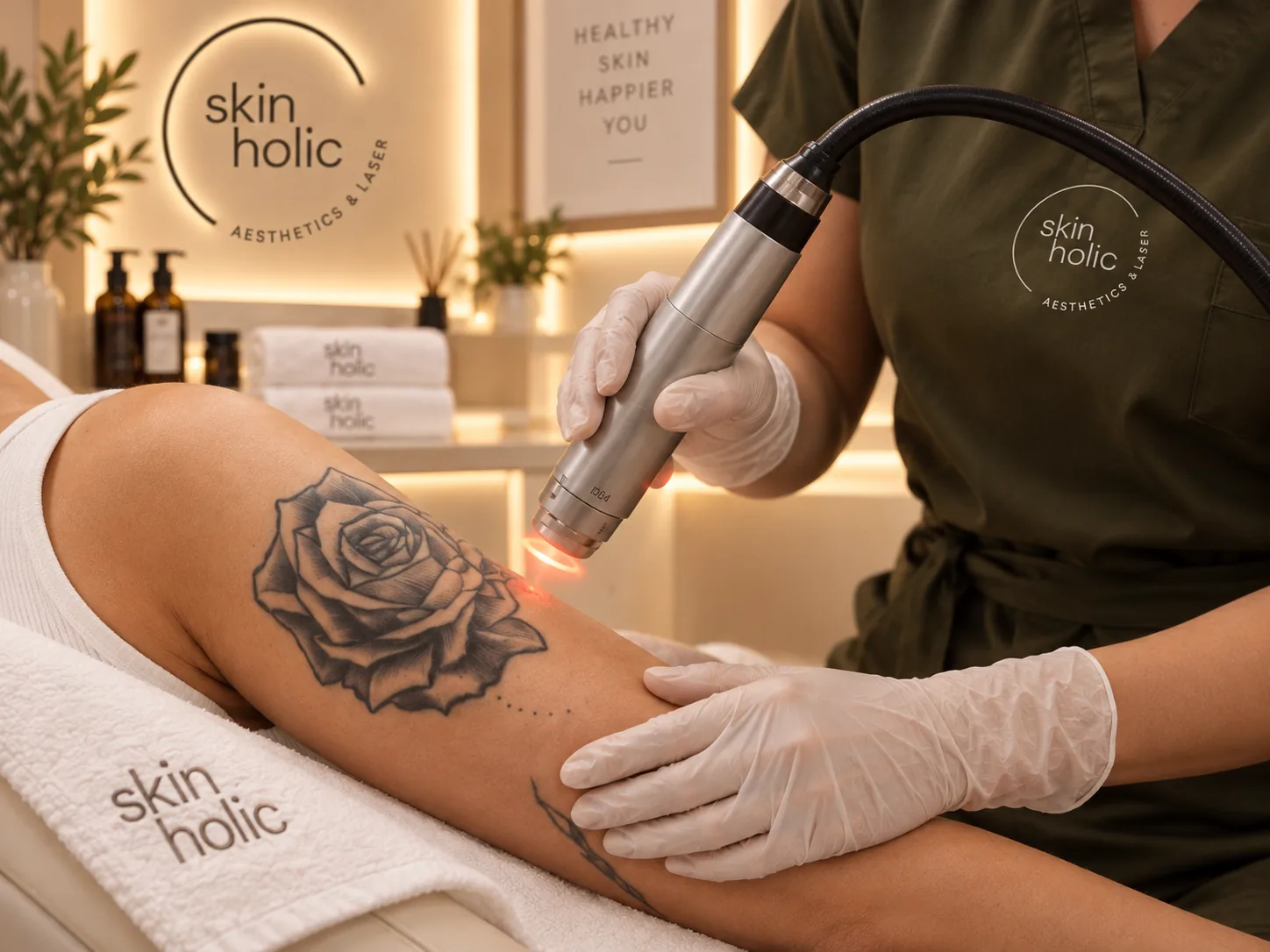Practitioner aims a laser handpiece with a red light at a large rose tattoo on a client's upper arm for tattoo removal