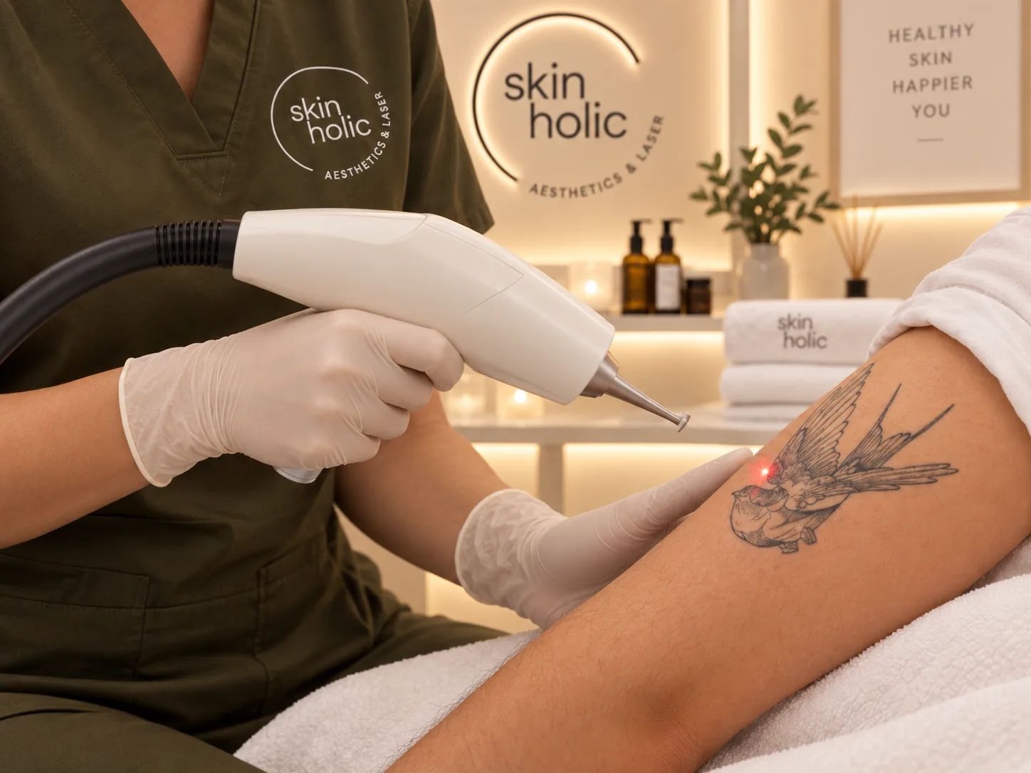 Practitioner holds a white laser handpiece with a red light to a bird tattoo on a client's arm during tattoo removal