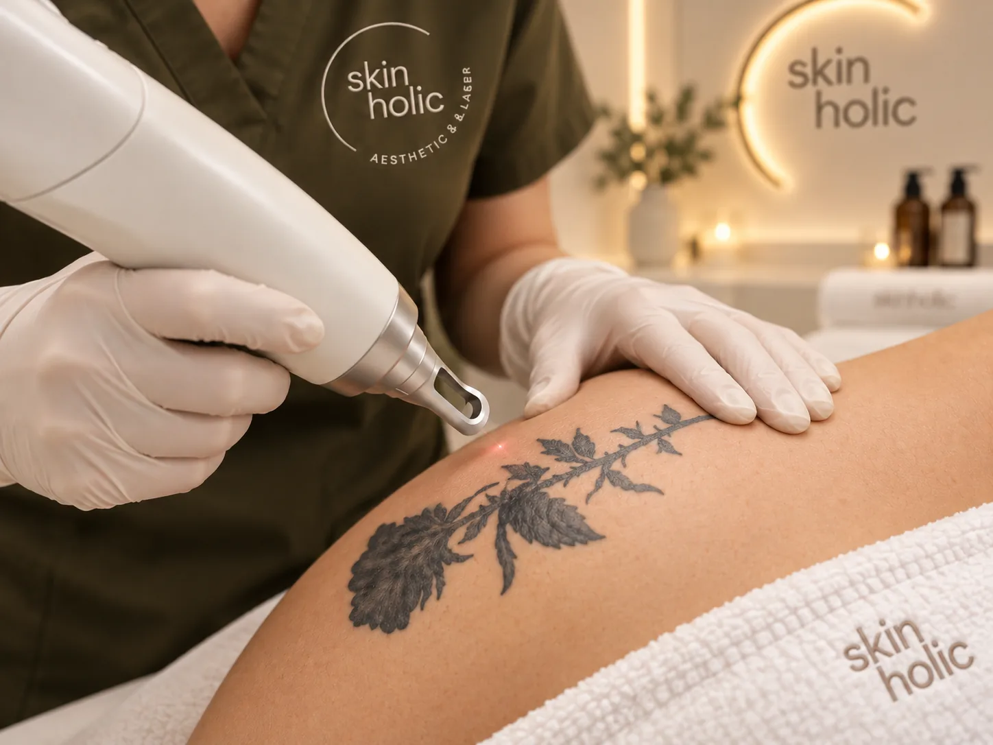 Gloved hands guide a laser handpiece over a dark rose stem tattoo on a client's leg during a tattoo removal session