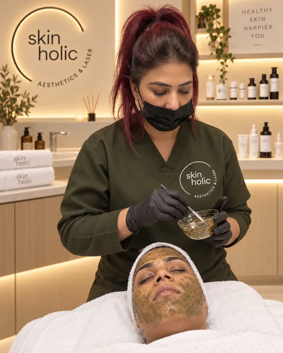 Masked practitioner mixes green algae paste in a glass bowl above a reclining woman wearing a Zena Algae Peel mask