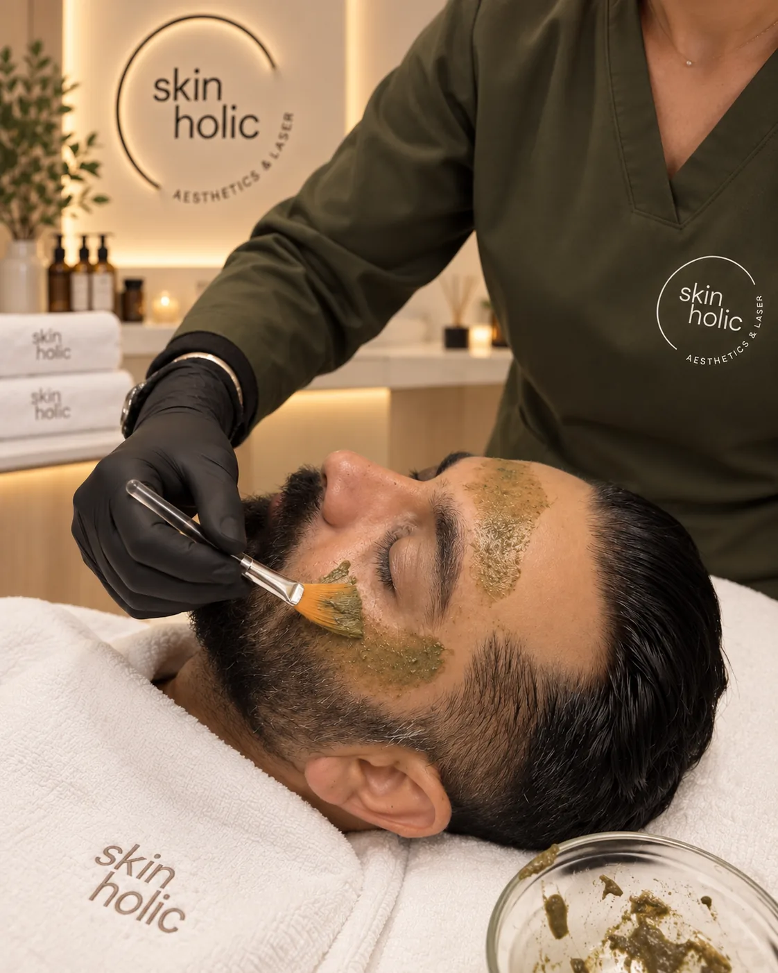 Gloved practitioner brushes green algae paste onto a bearded man's cheek and forehead during a Zena Algae Peel
