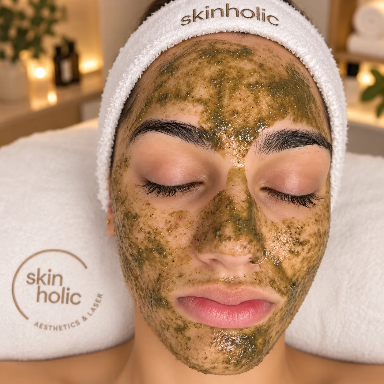Woman with eyes closed and a white headband rests with a green algae mask covering her face during a Zena Algae Peel
